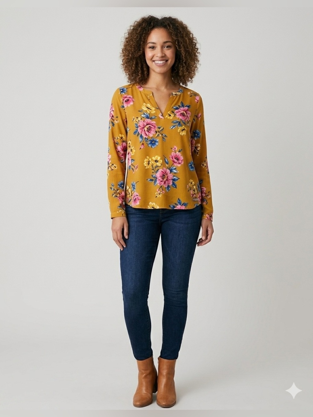 Old Navy Mustard Floral V-Neck Blouse with Pink and Blue Accents
